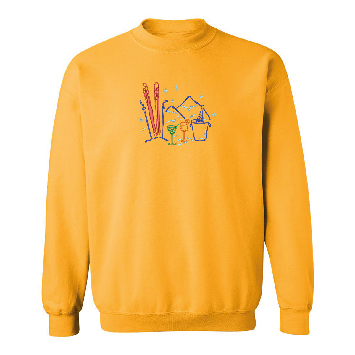 crewneck jaune avec une borderie d'illustrations de ski et de verre d'alcool multicolores