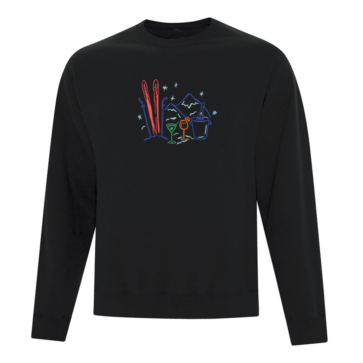 crewneck noir avec une borderie d'illustrations de ski et de verre d'alcool multicolores