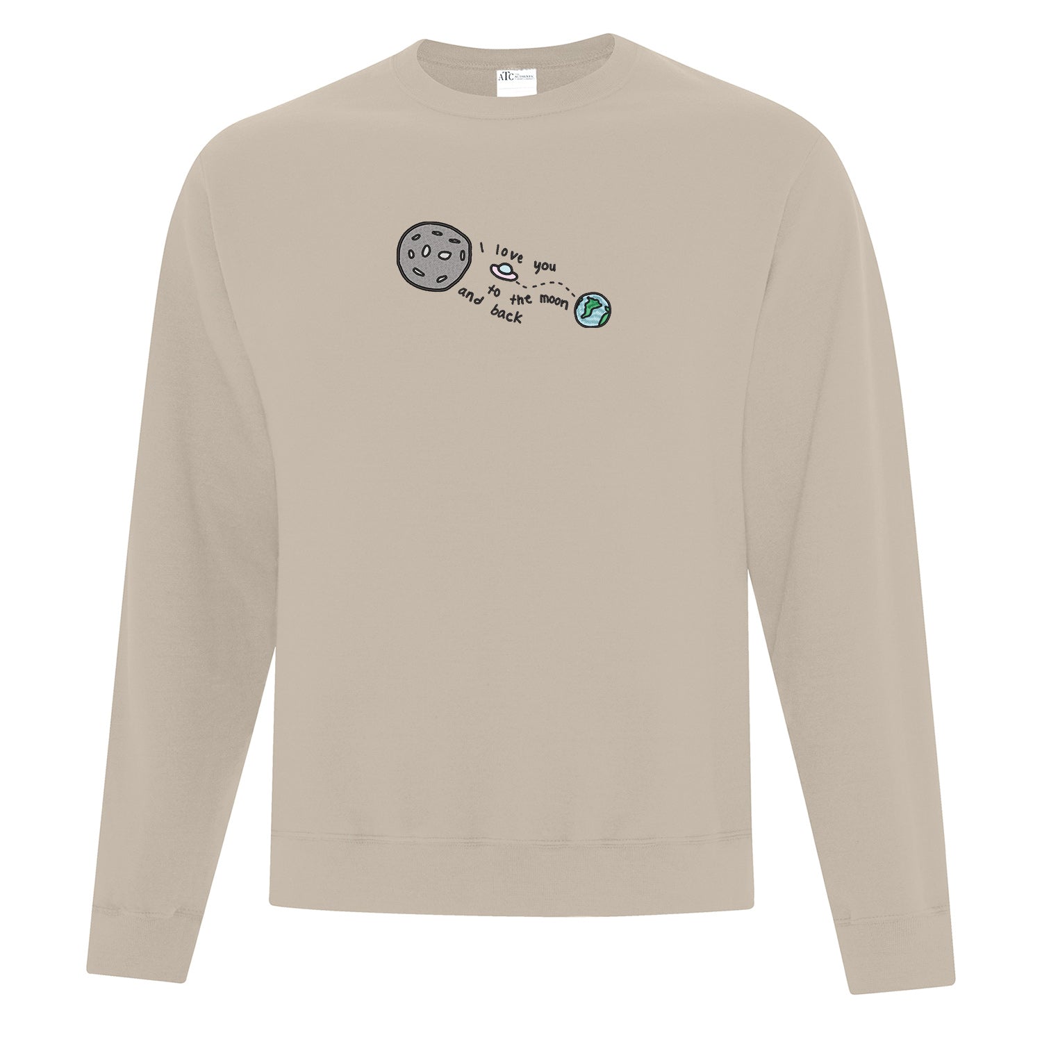 crewneck beige brodé i love you to the moon and back st-valentin couple planète lune