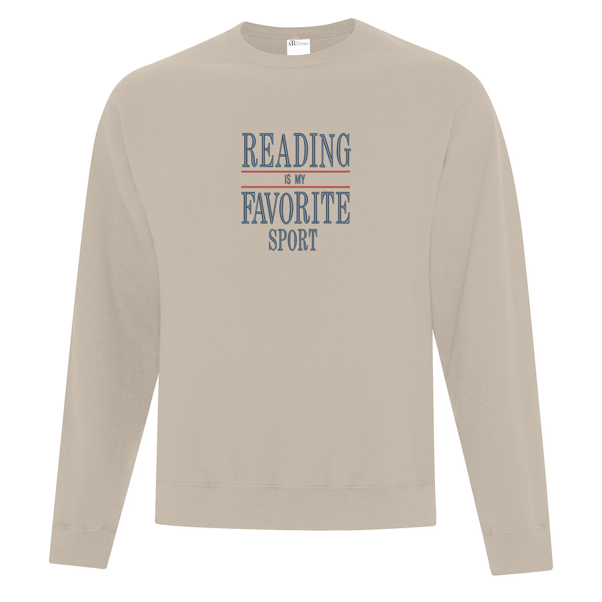coton ouaté à col rond beige avec une broderie centré bleu foncé et rouge "Reading is my favorite sport"