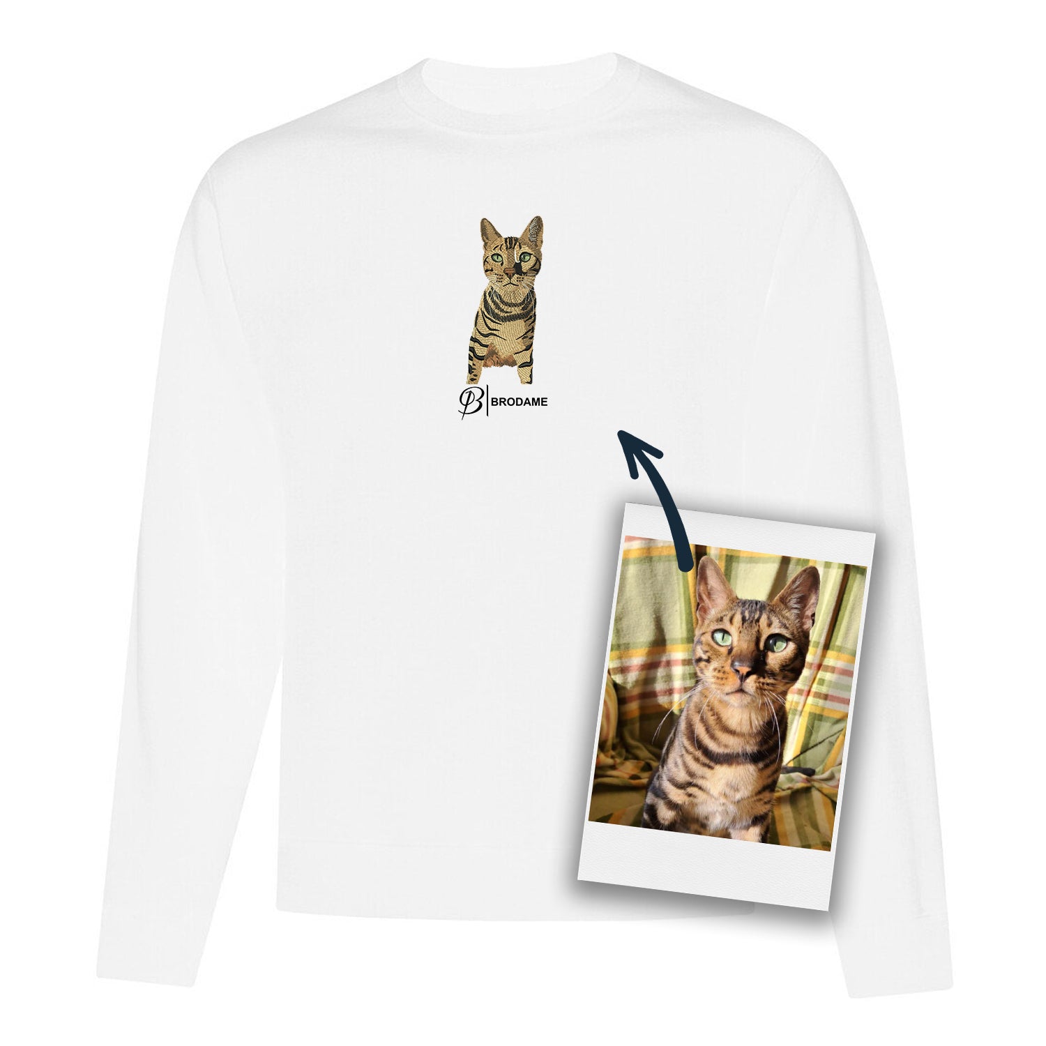 crewneck blanc avec un chat brodé de façon réaliste sur le devant au centre avec le logo Brodame en dessous