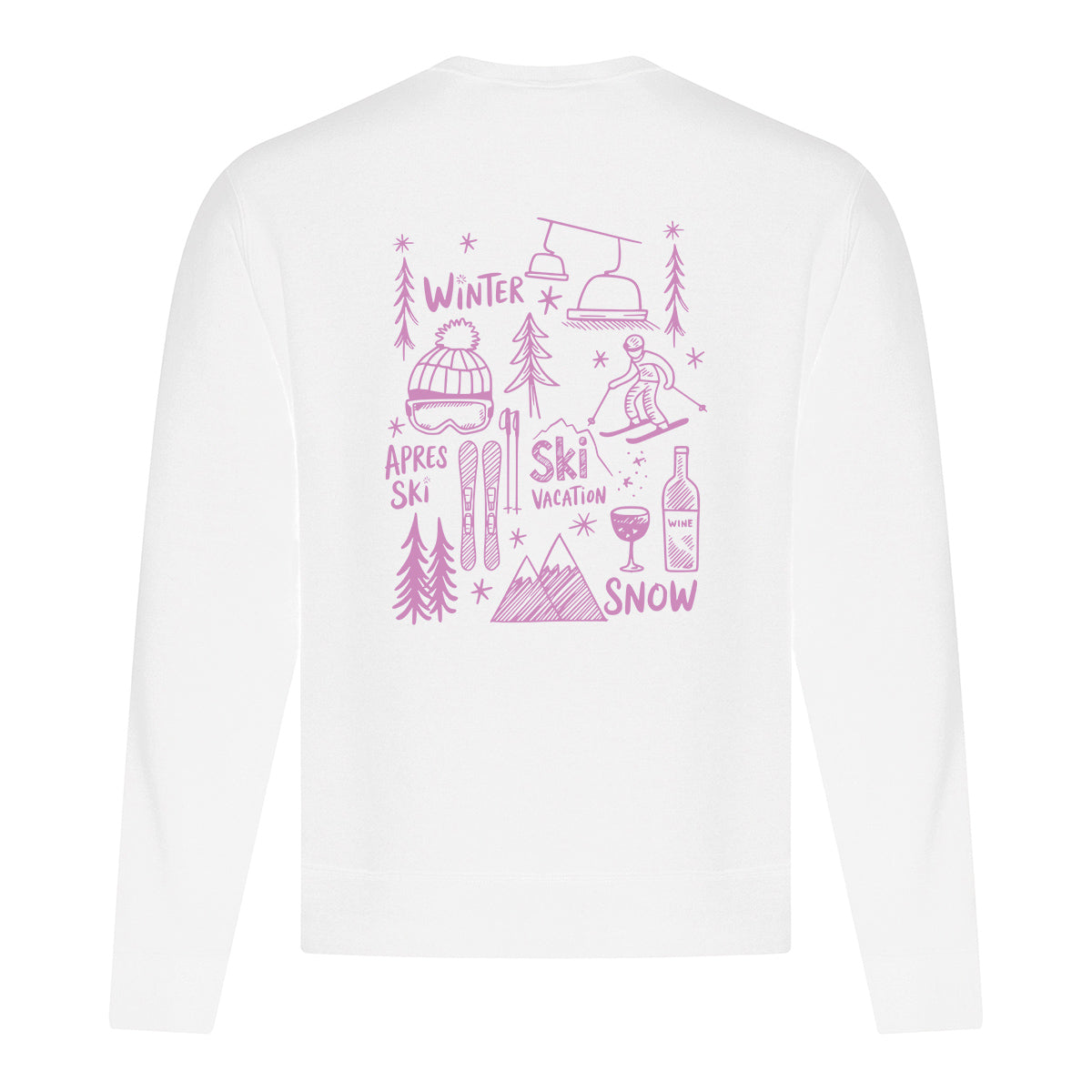 coton ouaté à col rond blanc avec des illustrations sous le thème du ski et de l'hiver imprimé en rose