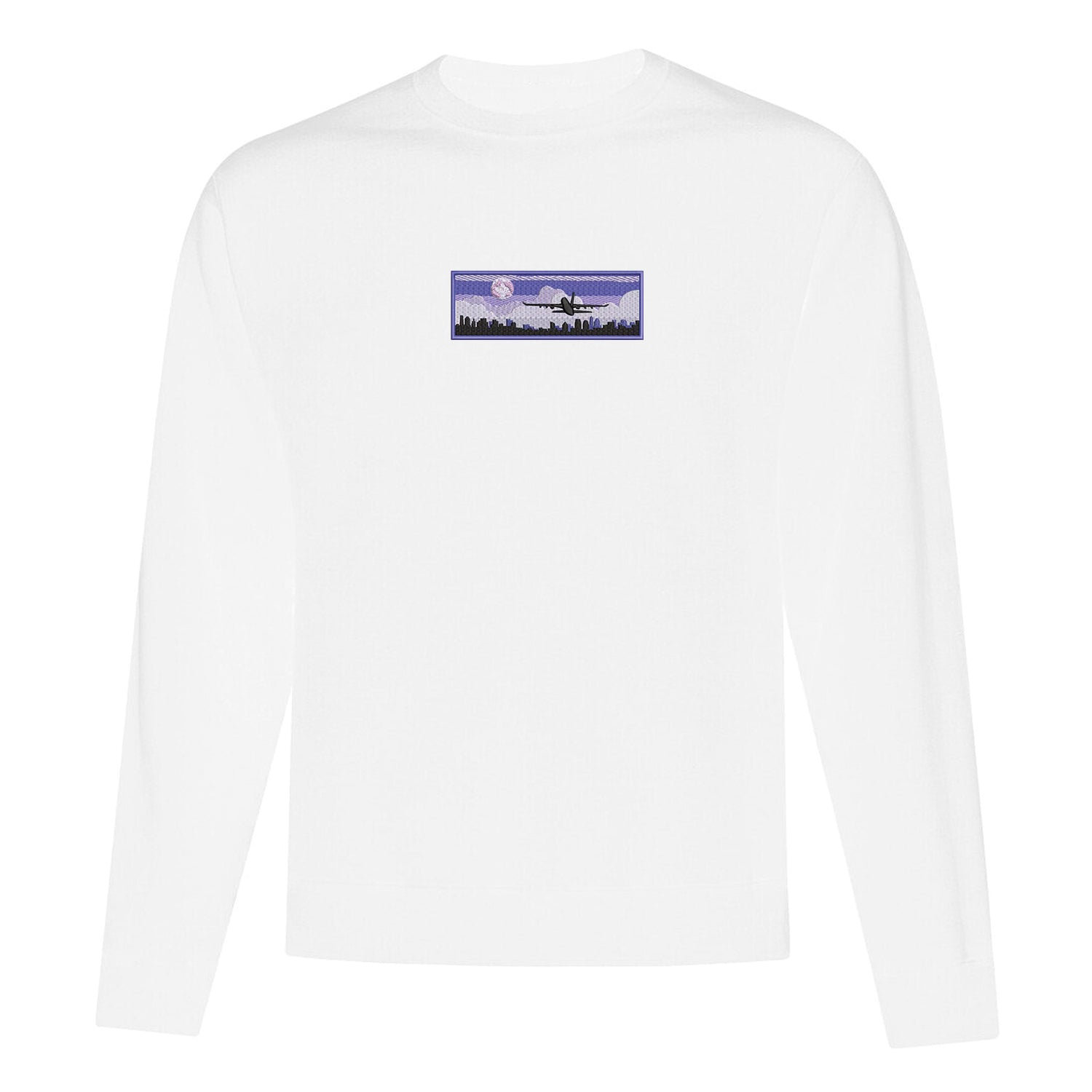 coton ouaté à col rond blanc avec une broderie d'un décollage d'avion en soirée