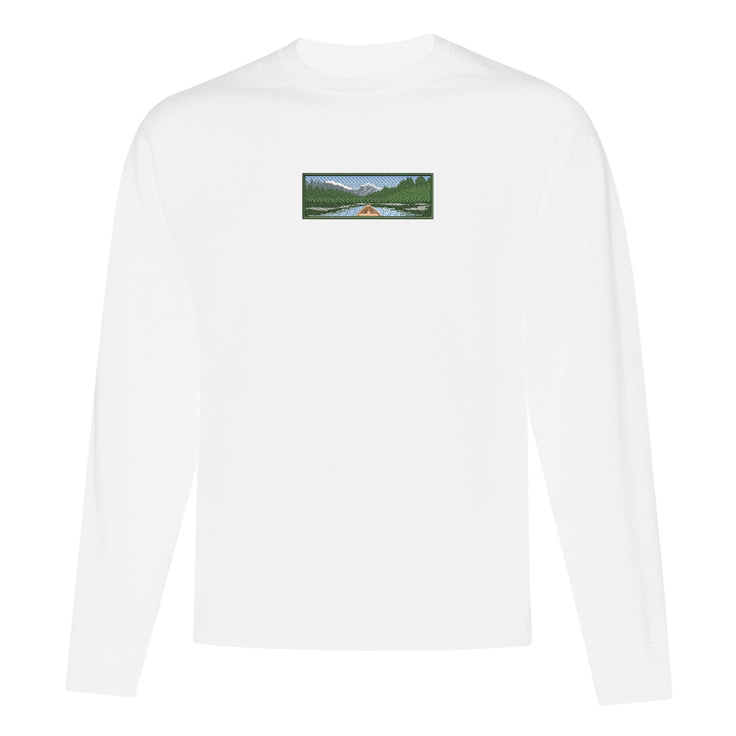 coton ouaté à col rond blanc avec une broderie d'un canot sur le bord d'un lac avec une forêt.