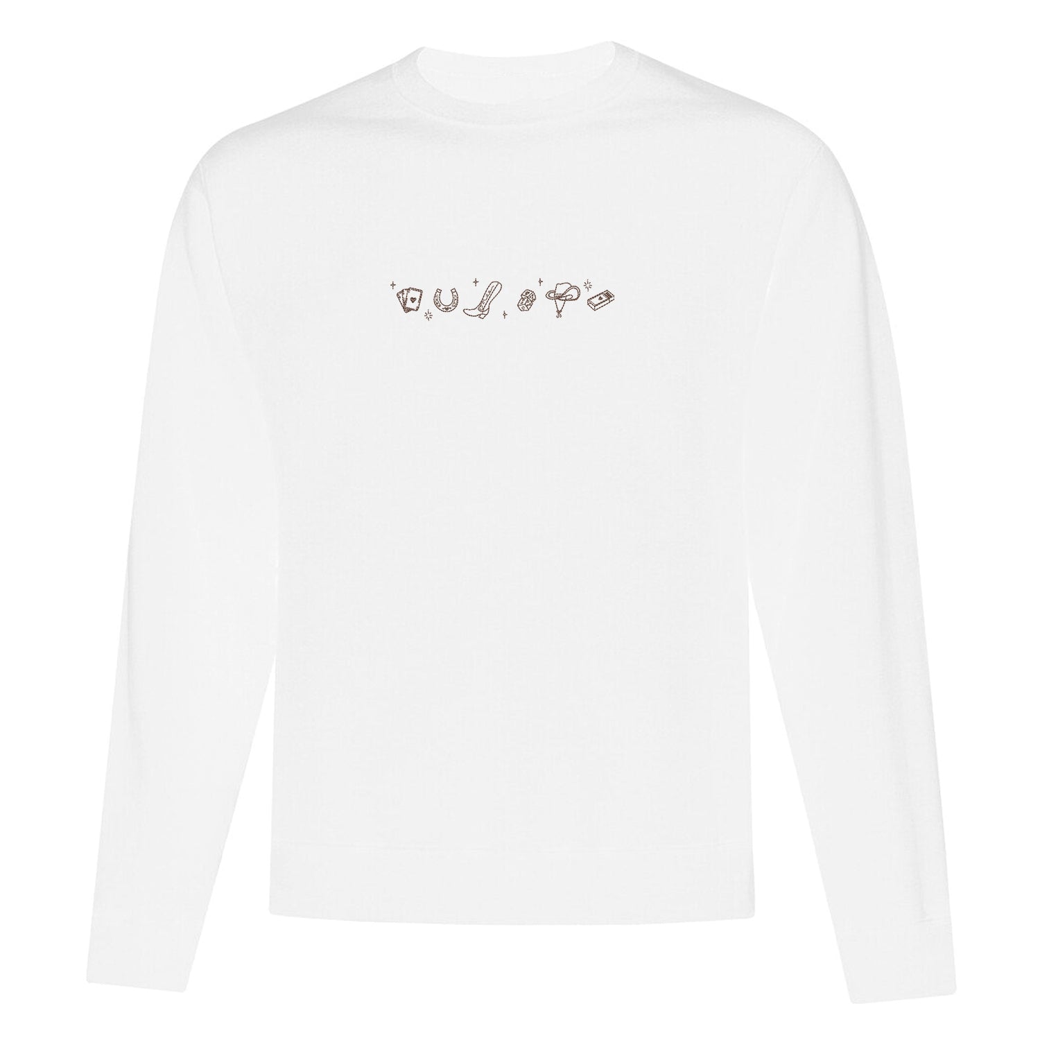 visuel d'un crewneck blanc avec une broderie d'icones western centré en brun