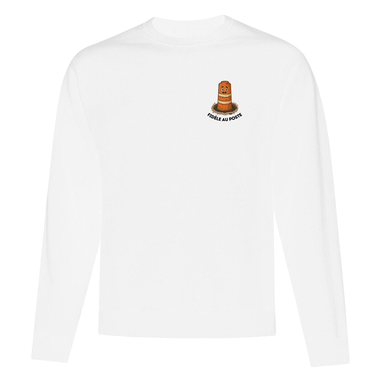 Crewneck blanc avec impression "Fidèle au poste". Un cône orange avec un sourire qui se trouve dans un nid de poule et dans la boue, il semble un peu magané. L'impressions se trouve à l'avant du crewneck au coeur. L'écriture est noire. Collection d'expressions québécoises du 29 juin 2025.