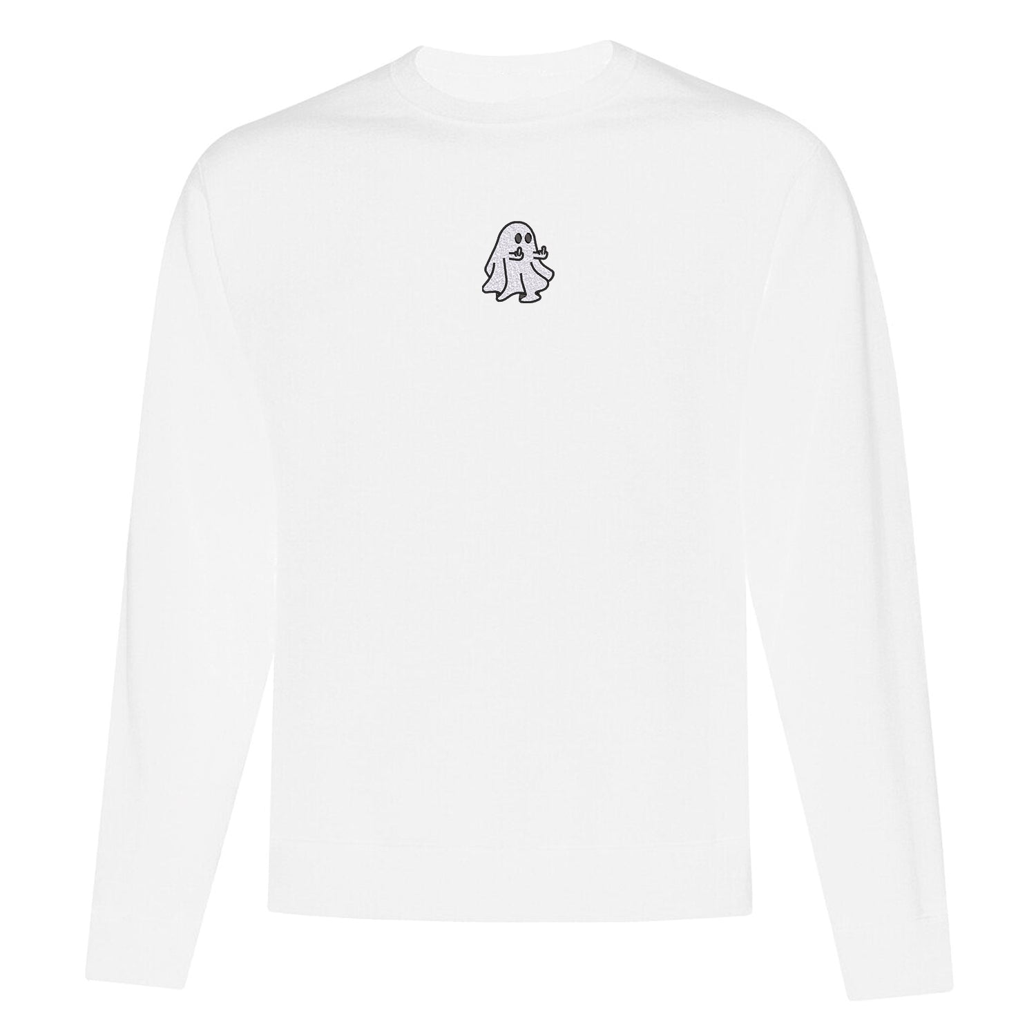 crewneck blanc avec broderie d'un fantôme qui fait des doigts d'honneur