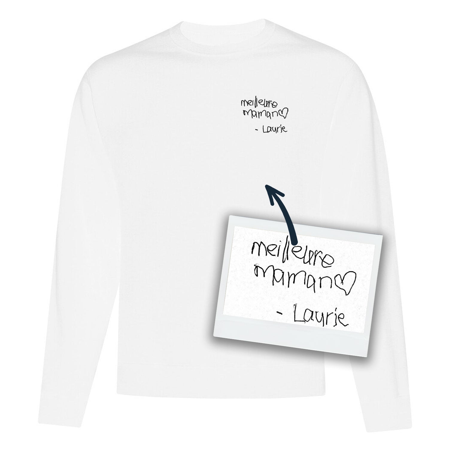 coton ouaté à col rond blanc personnalisable avec broderie faite à partir de l'écriture d'un proche