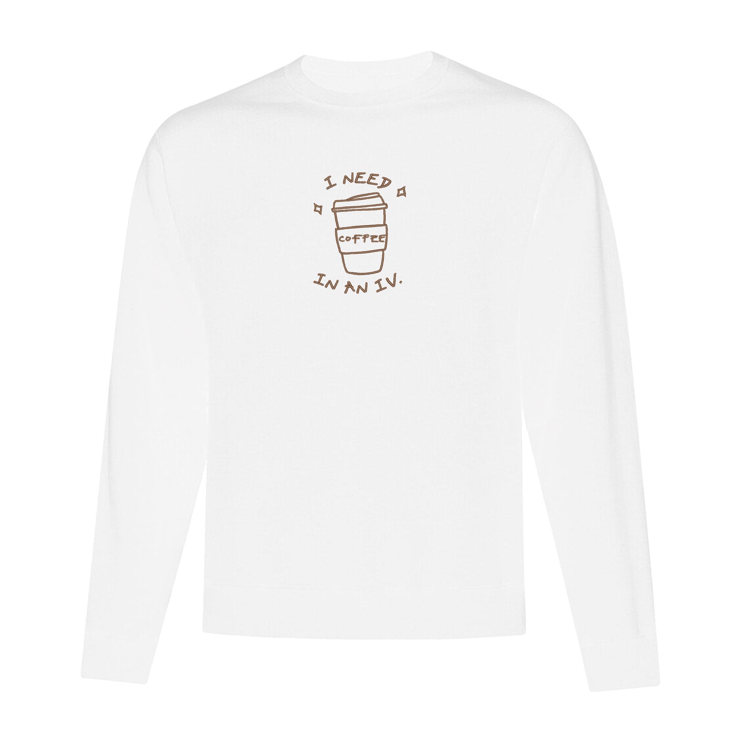 crewneck blanc avec une broderie de café brune centrée sur le chandail