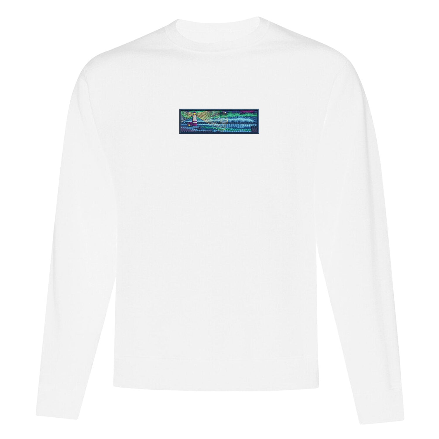 coton ouaté à col rond blanc avec une broderie du bord de la mer de nuit avec un phare qui illumine