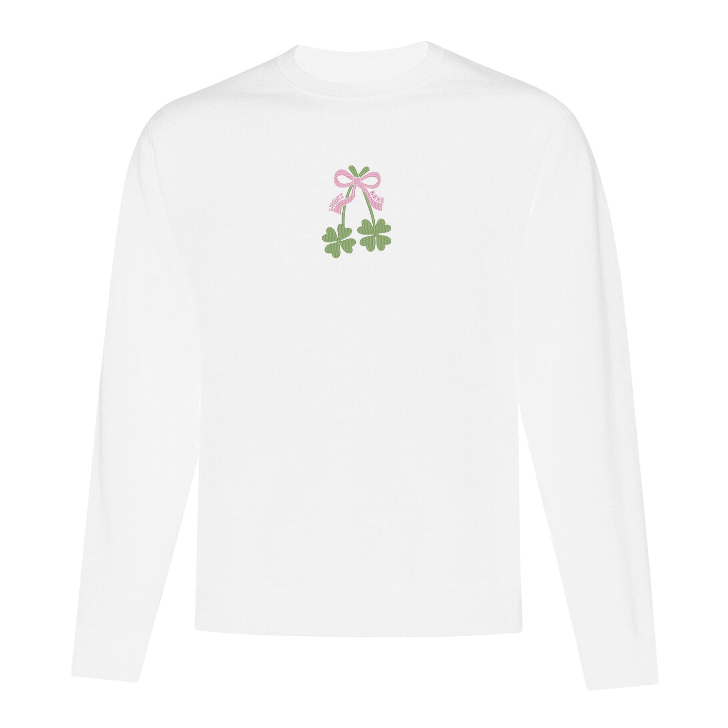 coton ouaté à col rond blanc avec broderie de deux trèfles à quatre feuilles vertes ainsi qu'une boucle rose