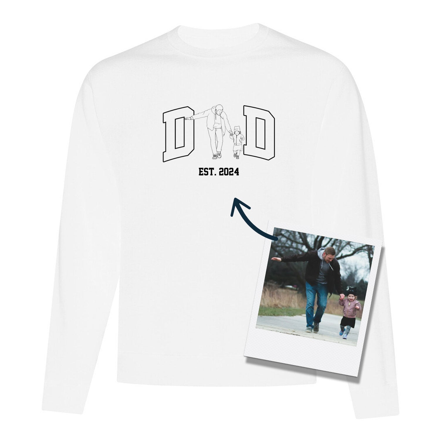 coton ouaté à col rond blanc avec une broderie personnalisée DAD avec une photo qui remplace le "A" ainsi que l'année où il est devenu papa