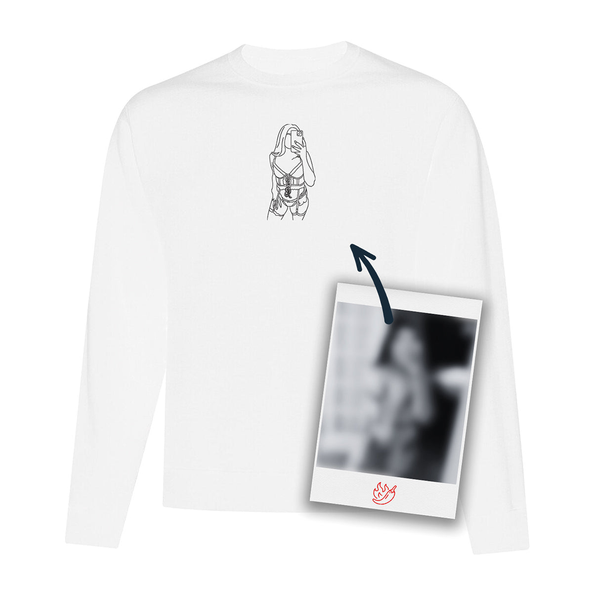 coton ouaté à col rond blanc avec cordon et une broderie noir minimaliste d'une silhouette faite à partir d'une photo coquine