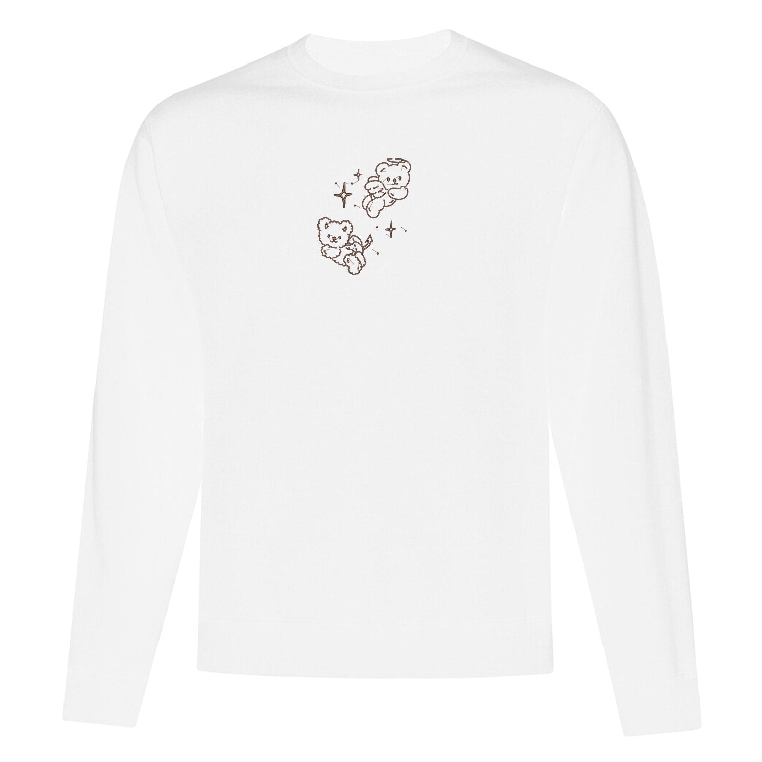 crewneck blanc avec broderie brune d'ourson ange et démon avec des petites étoiles
