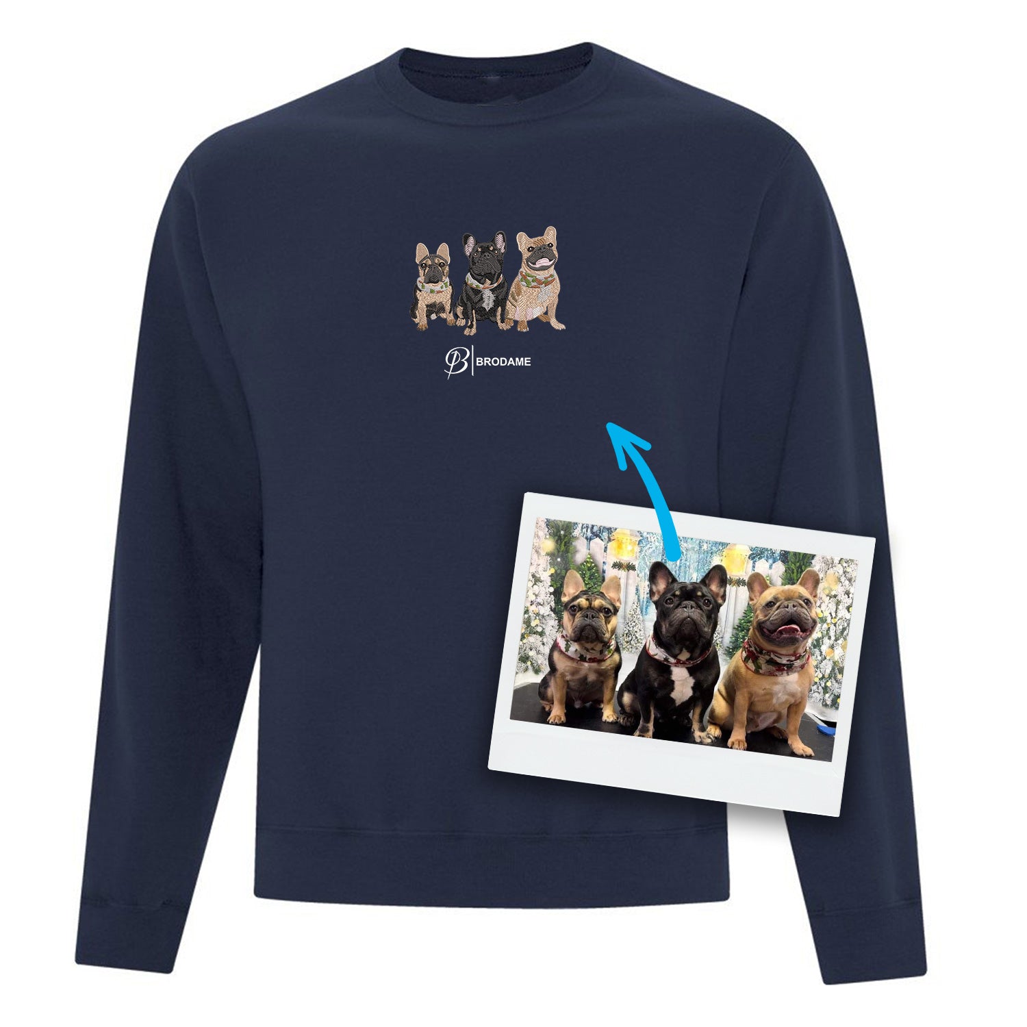 crewneck bleu marin avec trois chiens brodé de façon réaliste sur le devant au centre avec le logo Brodame en dessous