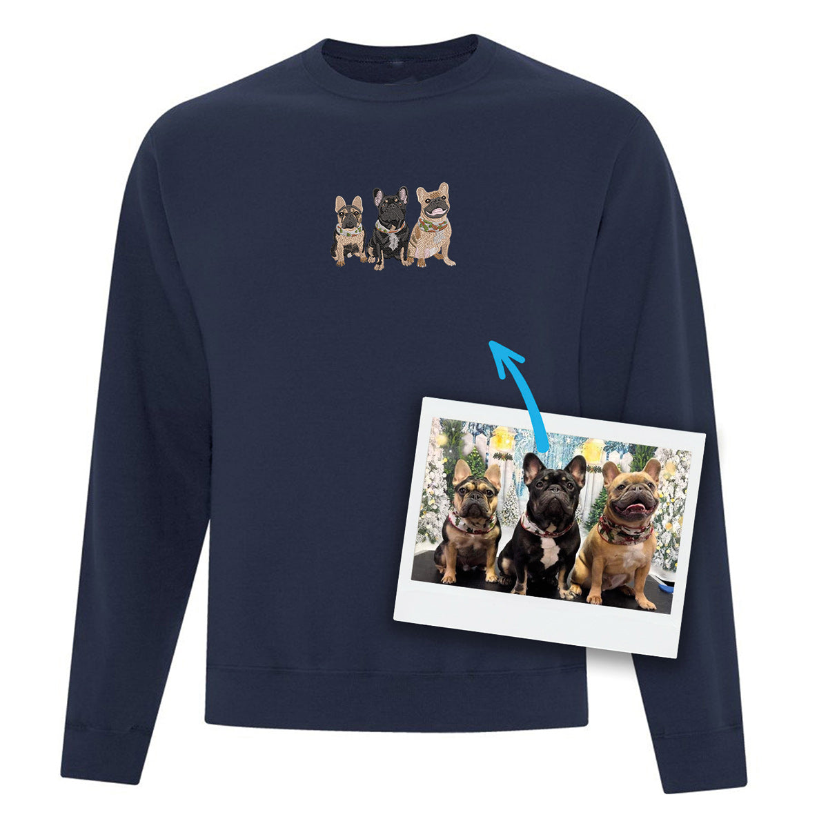 crewneck bleu marin avec trois chiens brodé de façon réaliste sur le devant au centre