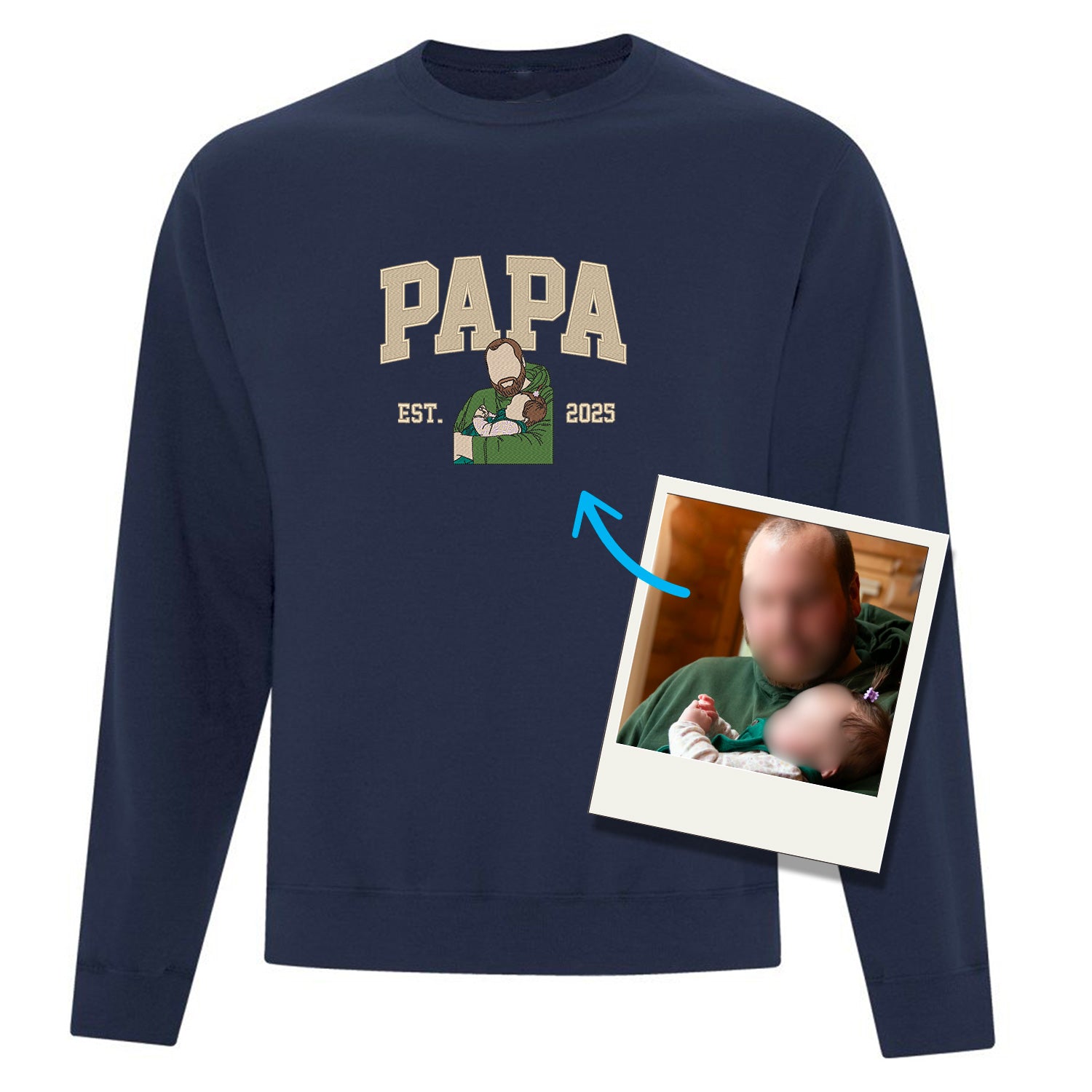 coton ouaté à col rond bleu marin personnalisé famille PAPA avec année de naissance et broderie minimaliste faite à partir d'une photo