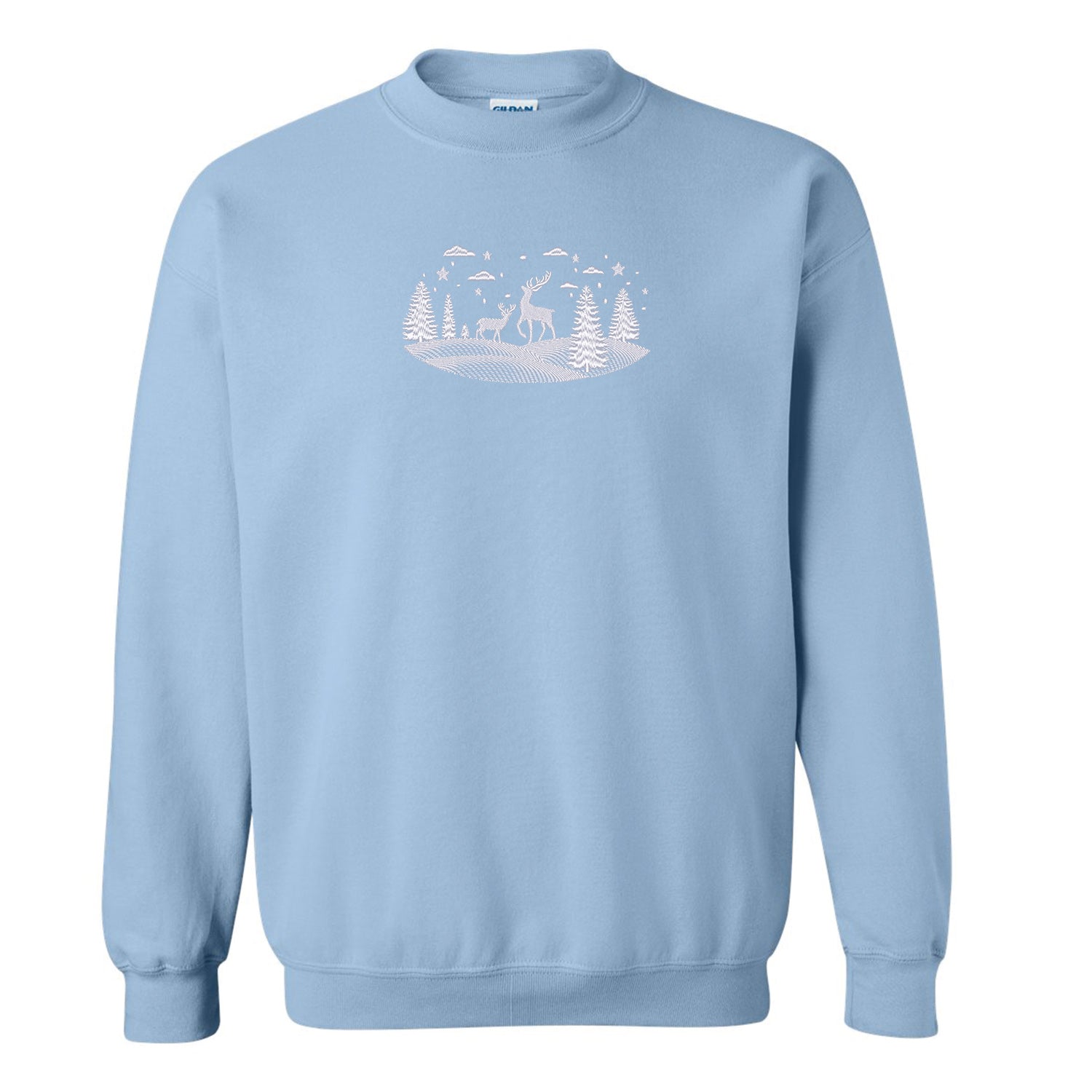 coton ouaté à col rond bleu pâle avec un payage hivernal brodé en blanc