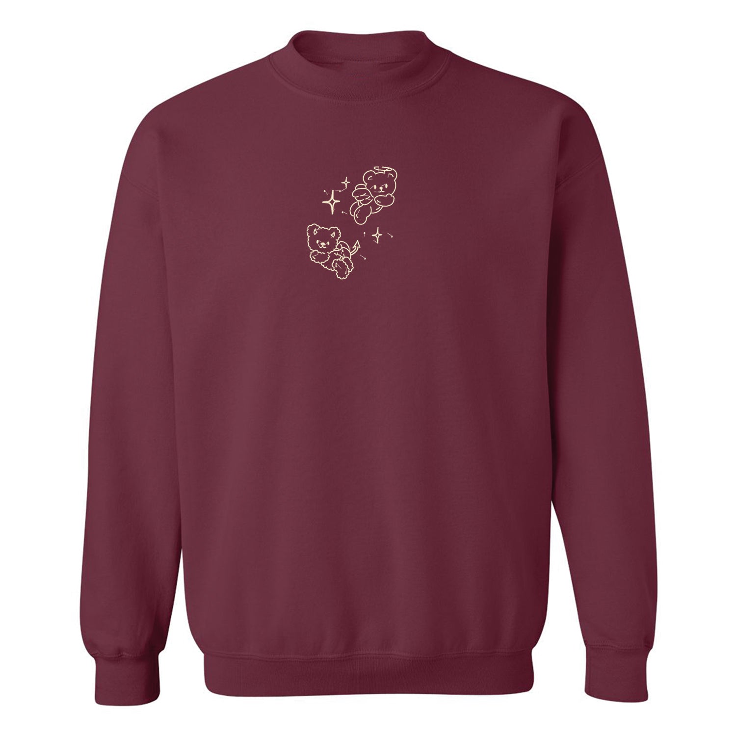 crewneck bourgogne avec broderie blanc crème d'ourson ange et démon avec des petites étoiles