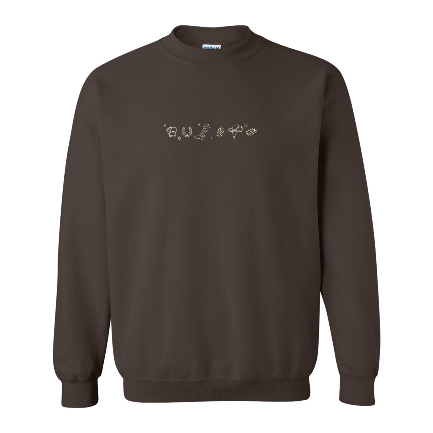 visuel d'un crewneck brun avec une broderie d'icones western centré en beige
