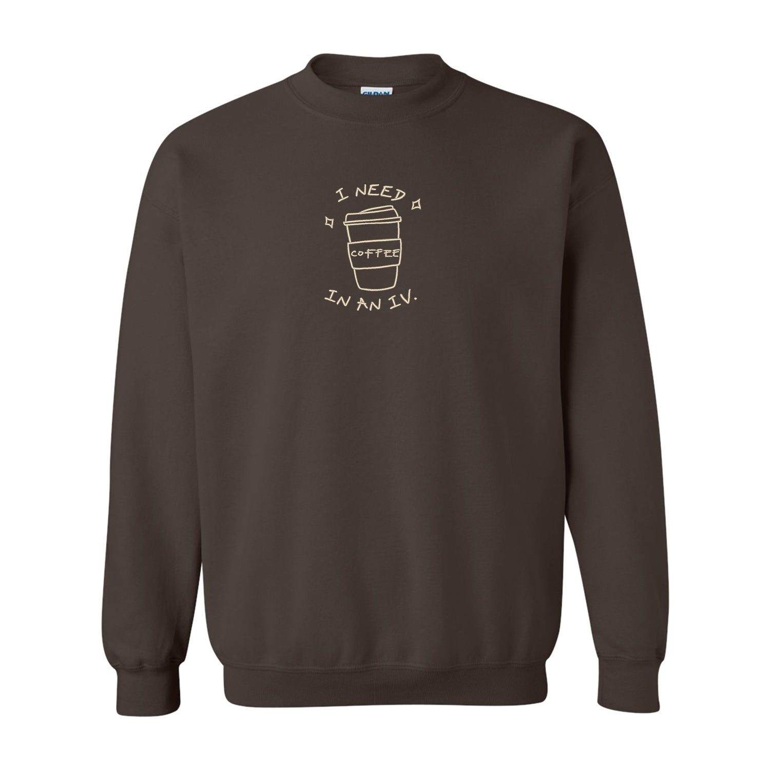 crewneck brun avec une broderie de café beige centrée sur le chandail
