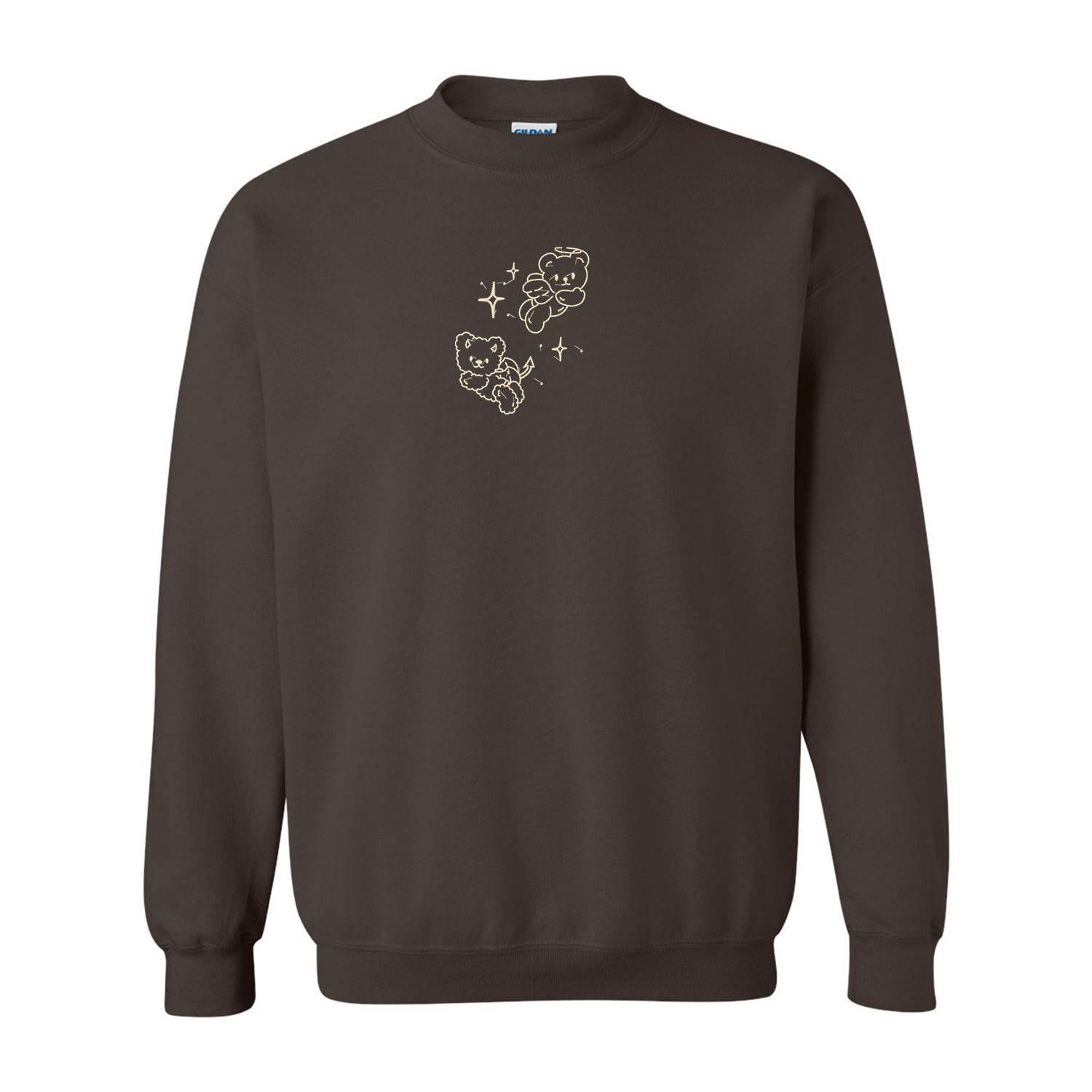 crewneck brun avec broderie blanc crème d'ourson ange et démon avec des petites étoiles