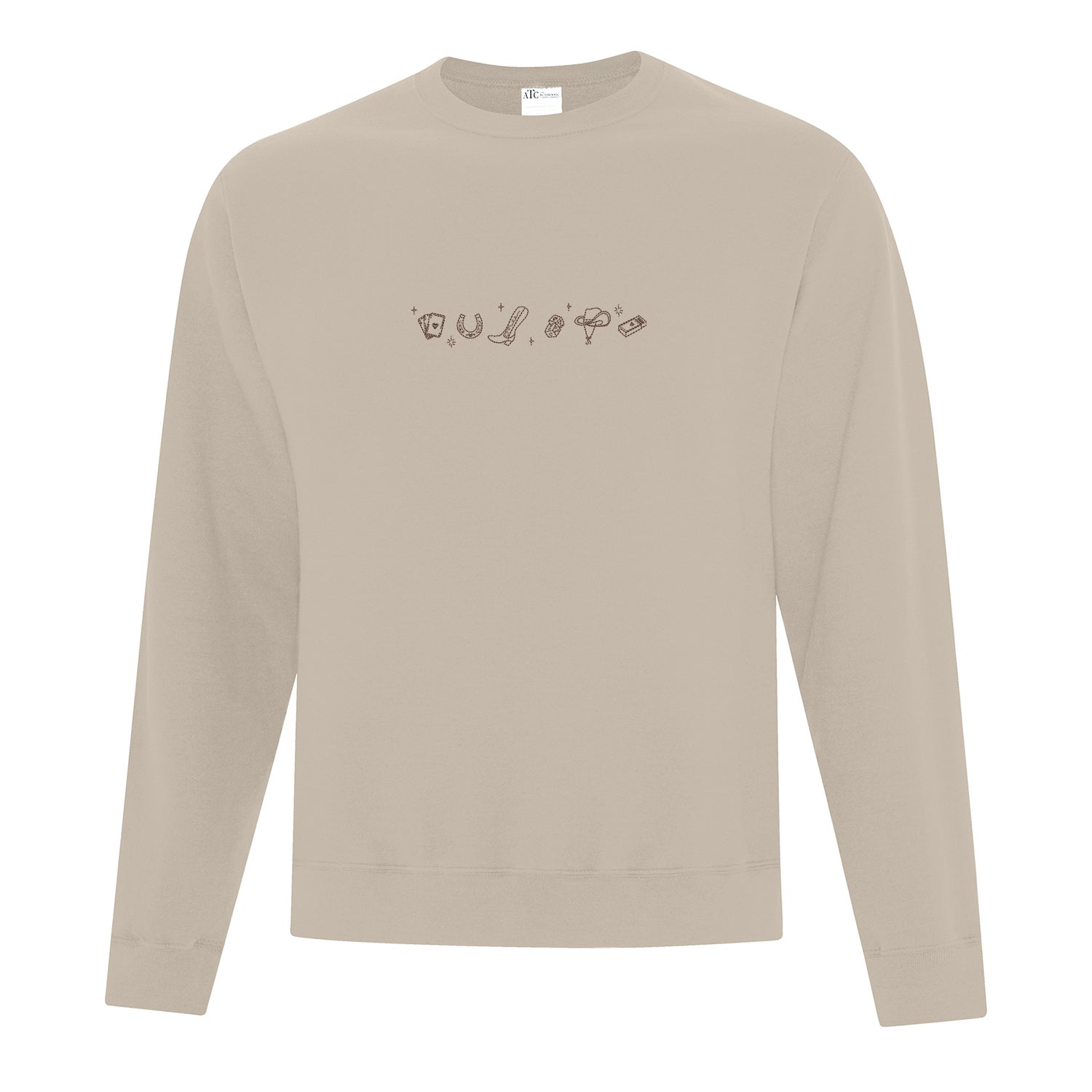 visuel d'un crewneck beige avec une broderie d'icones western centré en brun