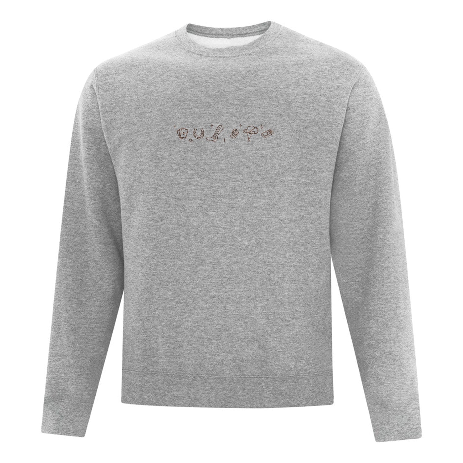 visuel d'un crewneck gris pâle avec une broderie d'icones western centré en brun