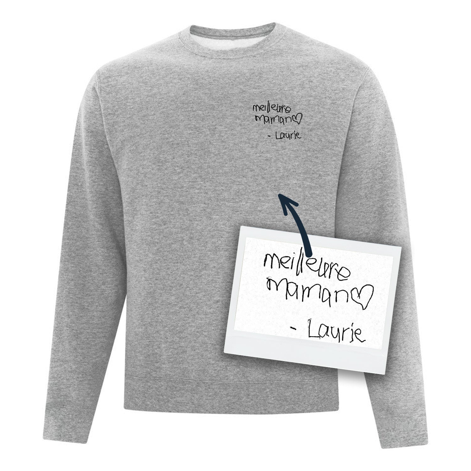 coton ouaté à col rond gris pâle personnalisable avec broderie faite à partir de l'écriture d'un proche