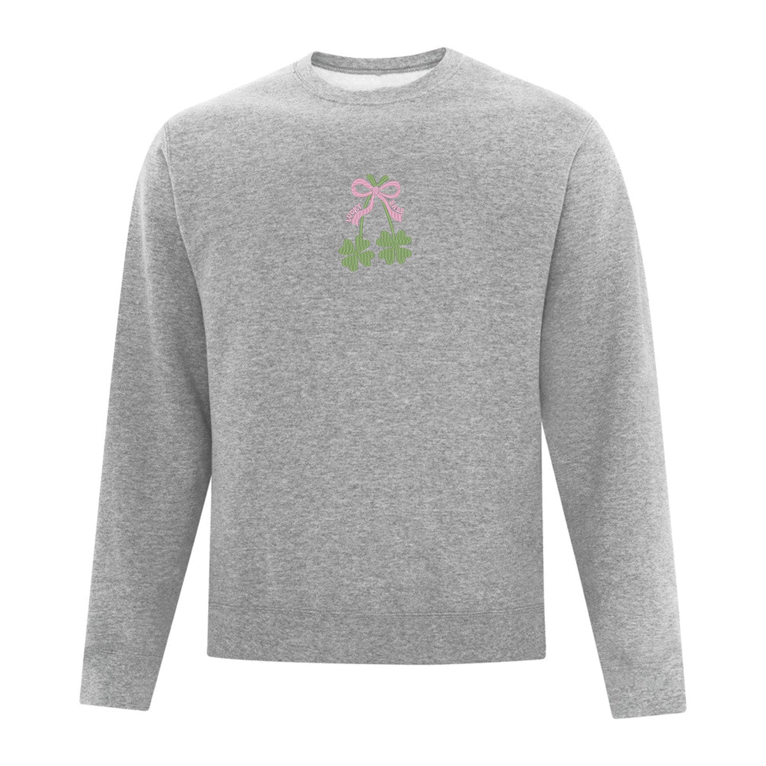coton ouaté à col rond gris pâle avec broderie de deux trèfles à quatre feuilles vertes ainsi qu'une boucle rose