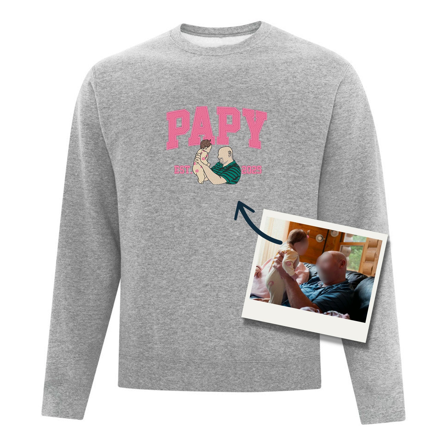 coton ouaté à col rond noir personnalisé famille PAPY avec année de naissance et broderie minimaliste faite à partir d'une photo