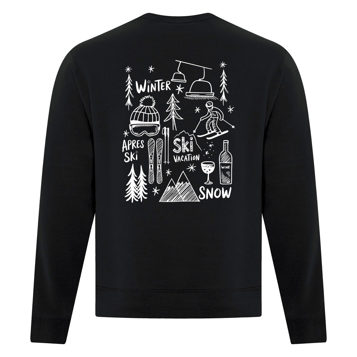 coton ouaté à col rond noir avec des illustrations sous le thème du ski et de l'hiver imprimé en blanc