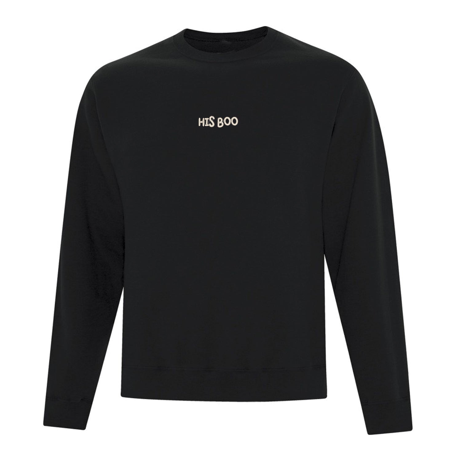crewneck noir avec broderie his boo au centre en blanc crème