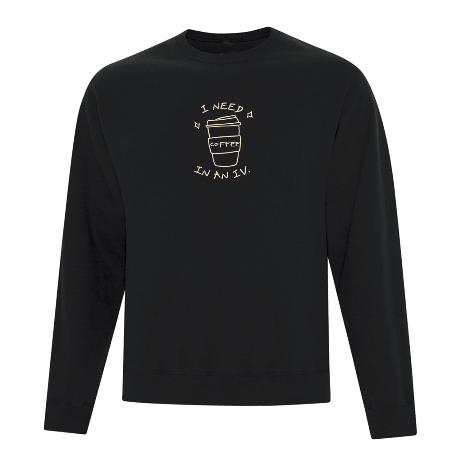 crewneck noir avec une broderie de café beige centrée sur le chandail