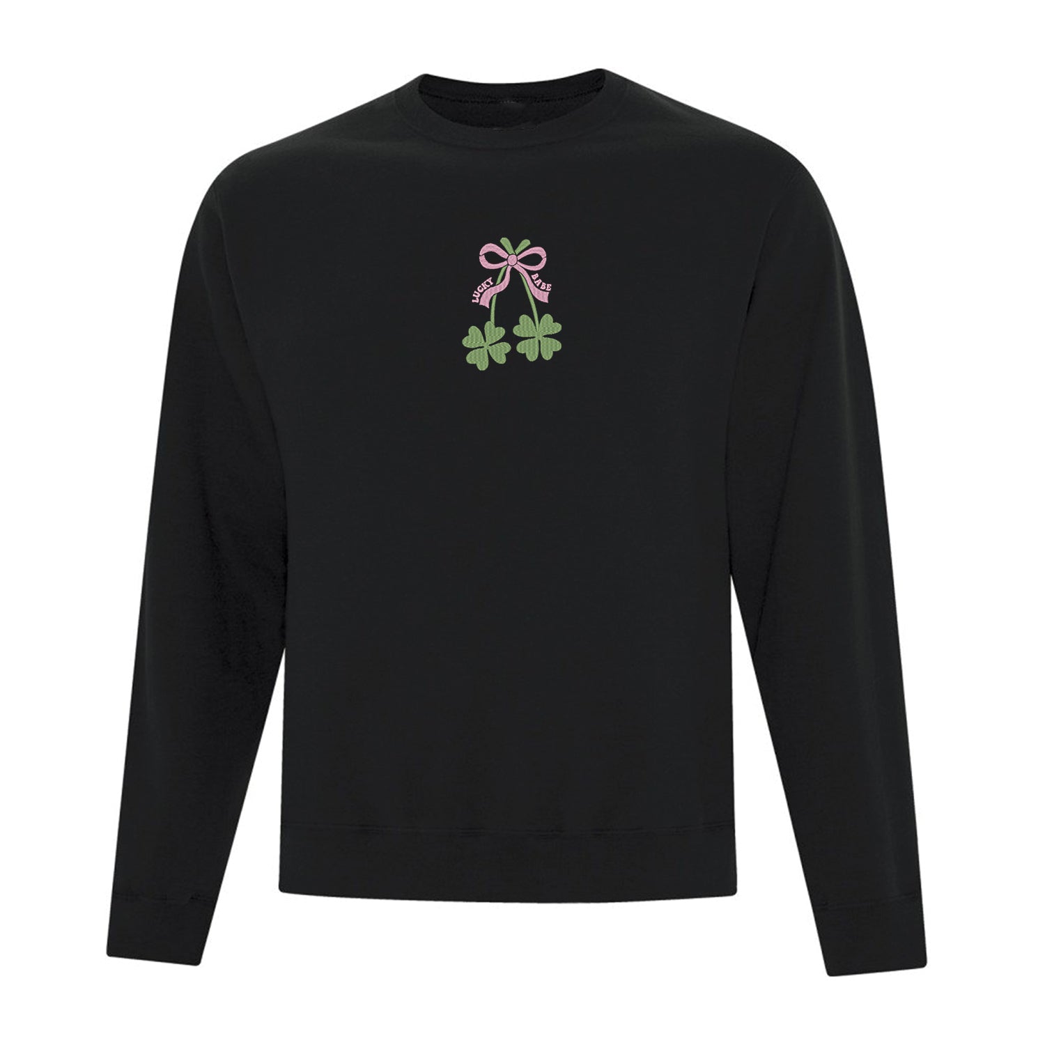 coton ouaté à col rond noir avec broderie de deux trèfles à quatre feuilles vertes ainsi qu'une boucle rose