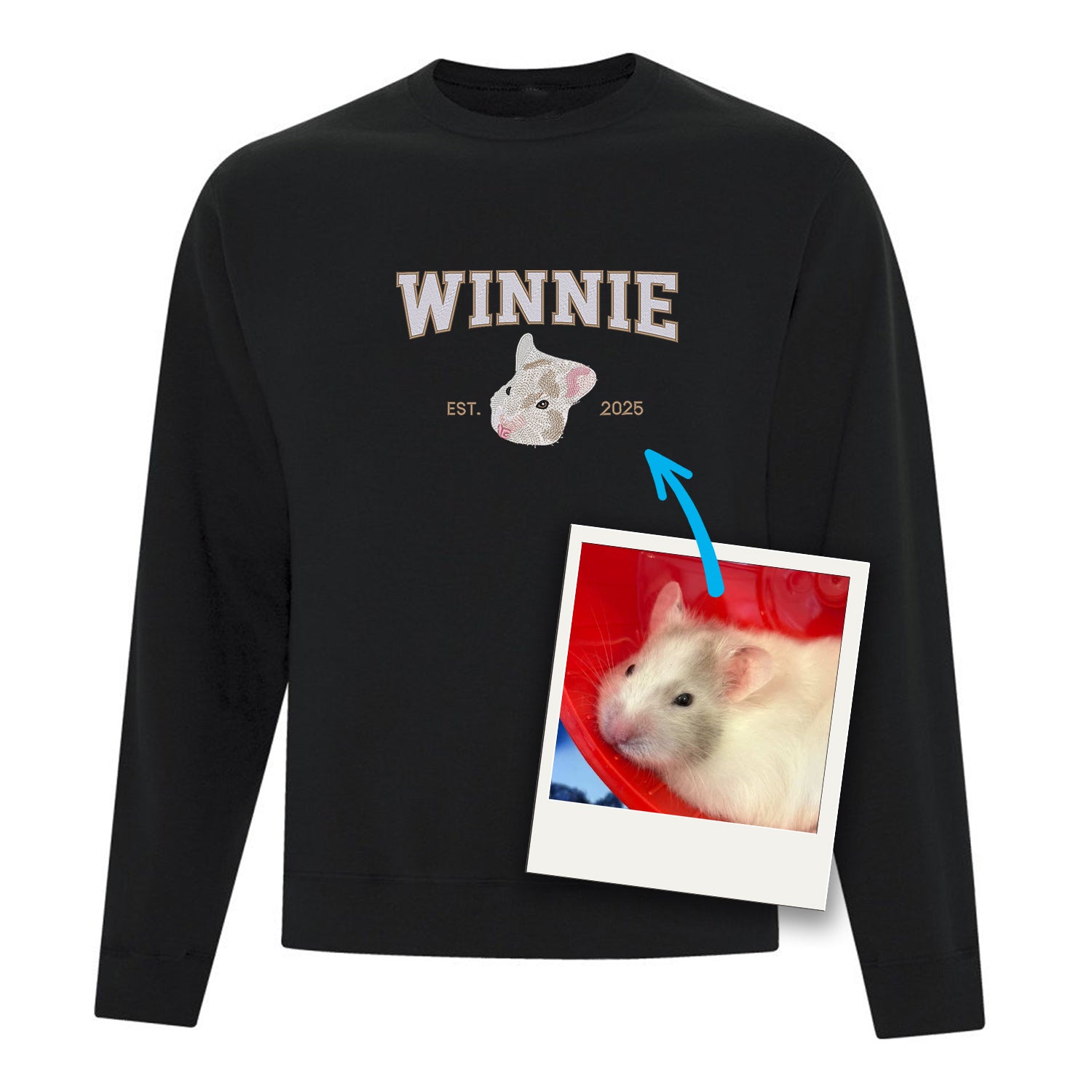 coton ouaté sans capuchon noir avec broderie personnalisée d'un portrait de hamster avec son nom et année de naissance