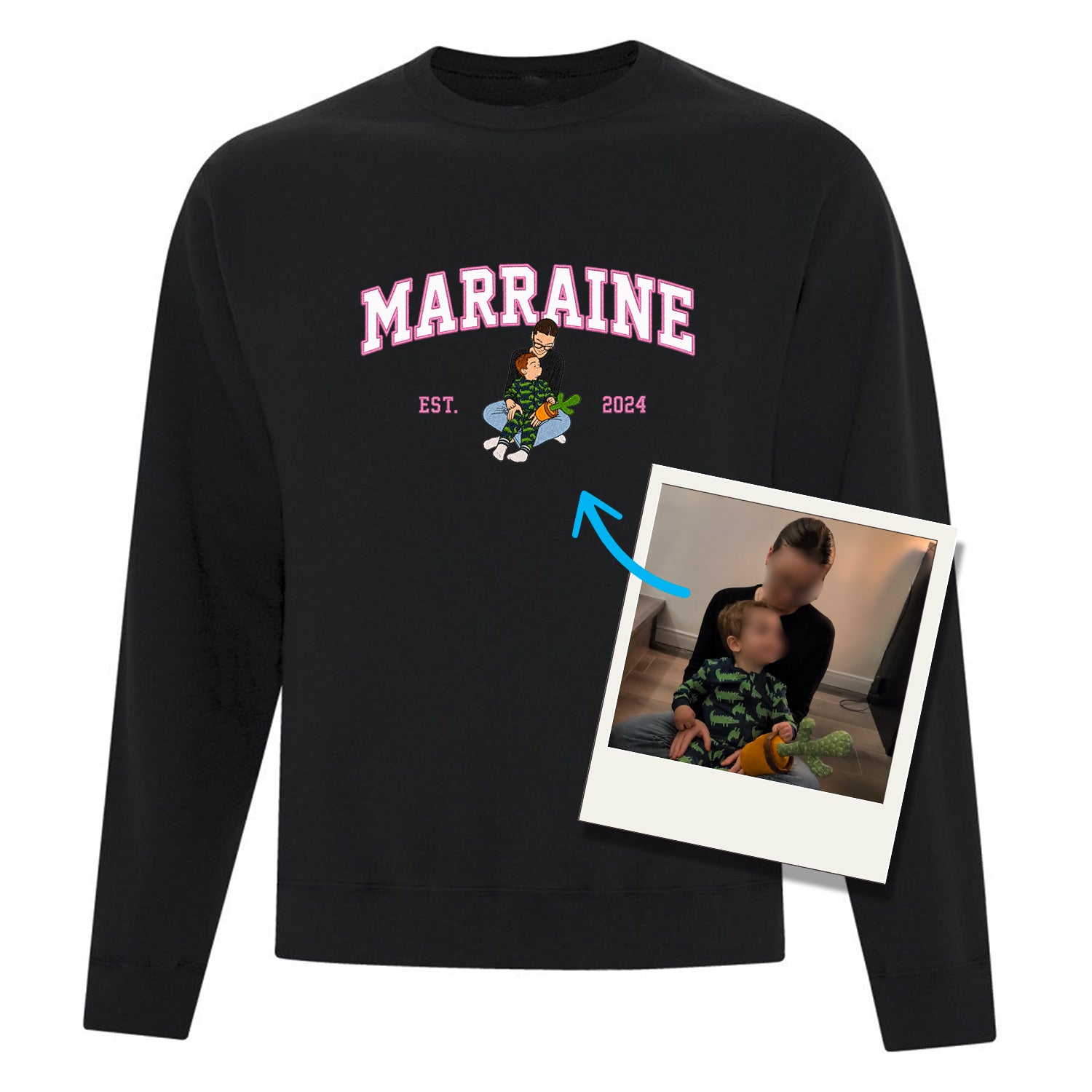 coton ouaté à col rond noir personnalisé famille MARRAINE avec année de naissance et broderie minimaliste faite à partir d'une photo
