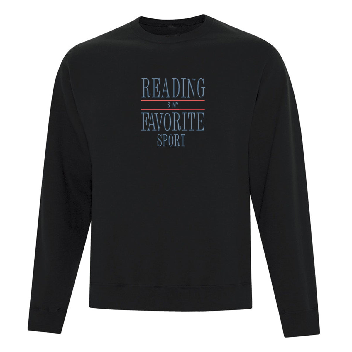 coton ouaté à col rond noir avec une broderie centré bleu foncé et rouge "Reading is my favorite sport"