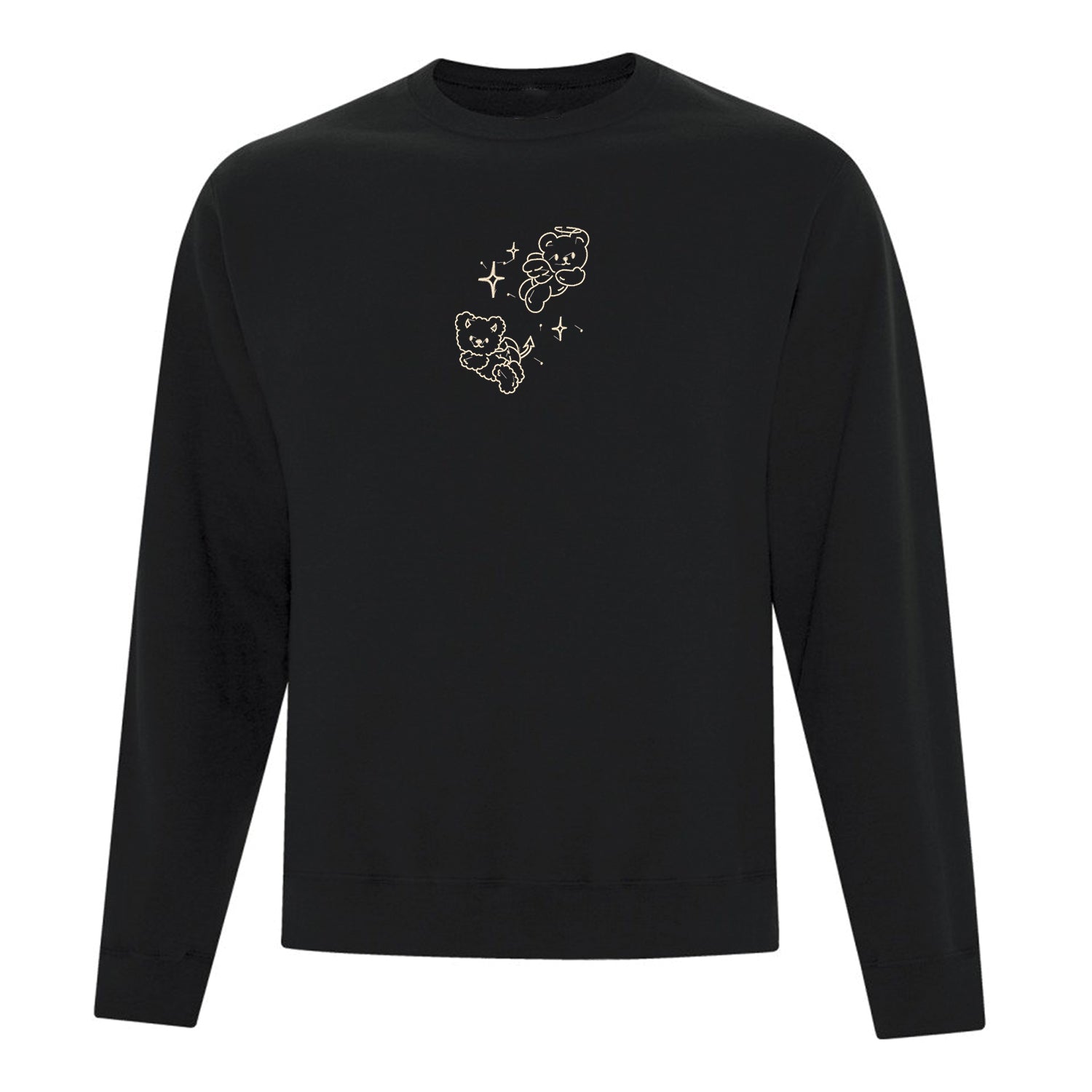 crewneck noir avec broderie blanc crème d'ourson ange et démon avec des petites étoiles