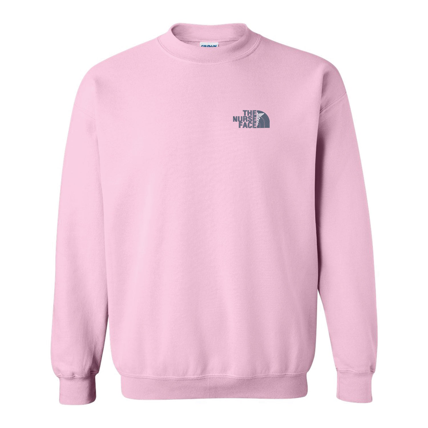 coton ouaté à col rond rose pâle avec broderie "The Nurse Face" au coeur, en bleu marin et blanc