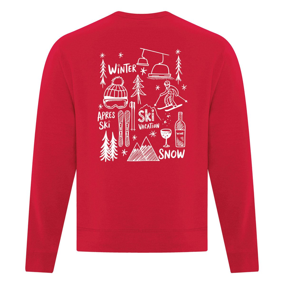 coton ouaté à col rond rouge avec des illustrations sous le thème du ski et de l'hiver imprimé en blanc