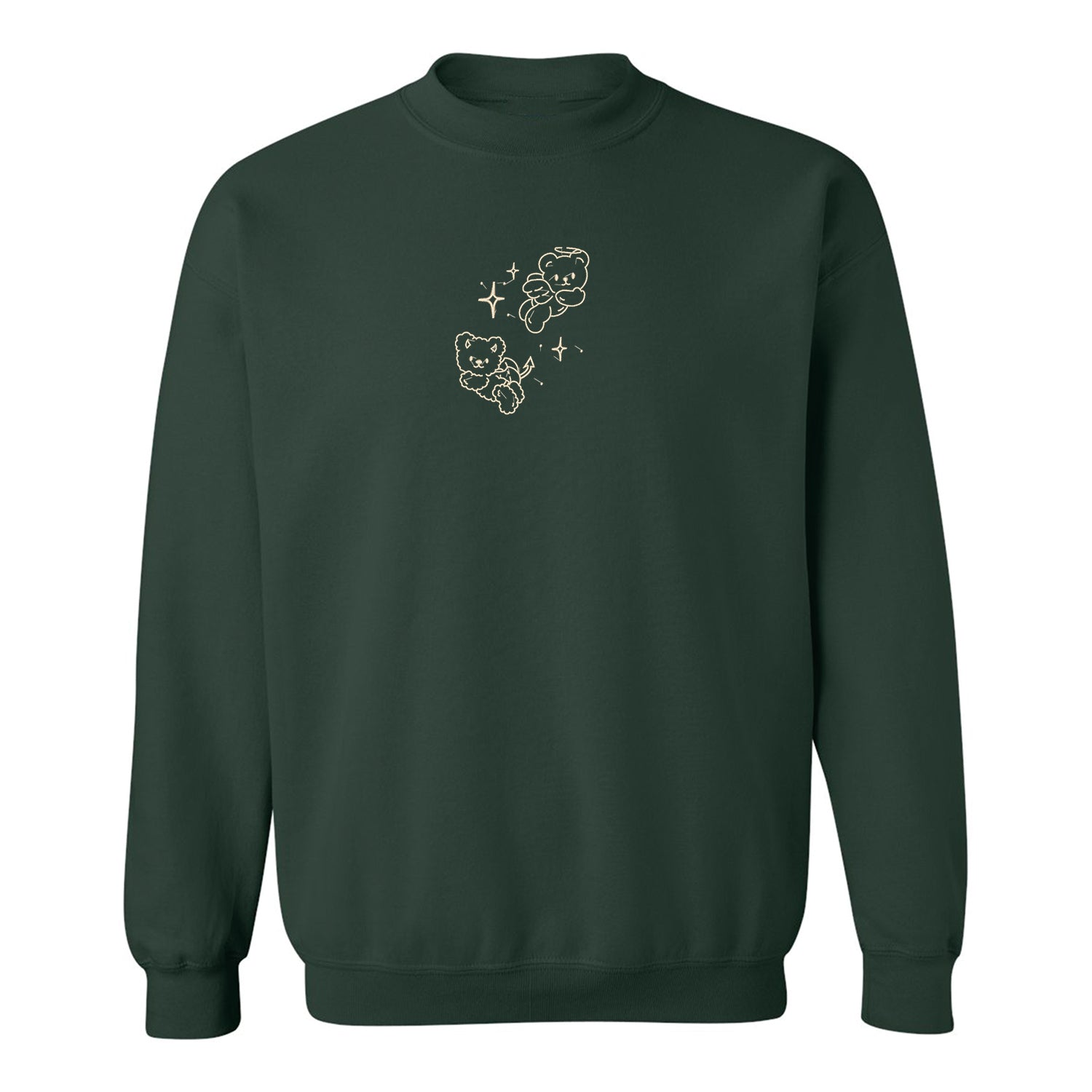 crewneck vert foret avec broderie blanc crème d'ourson ange et démon avec des petites étoiles