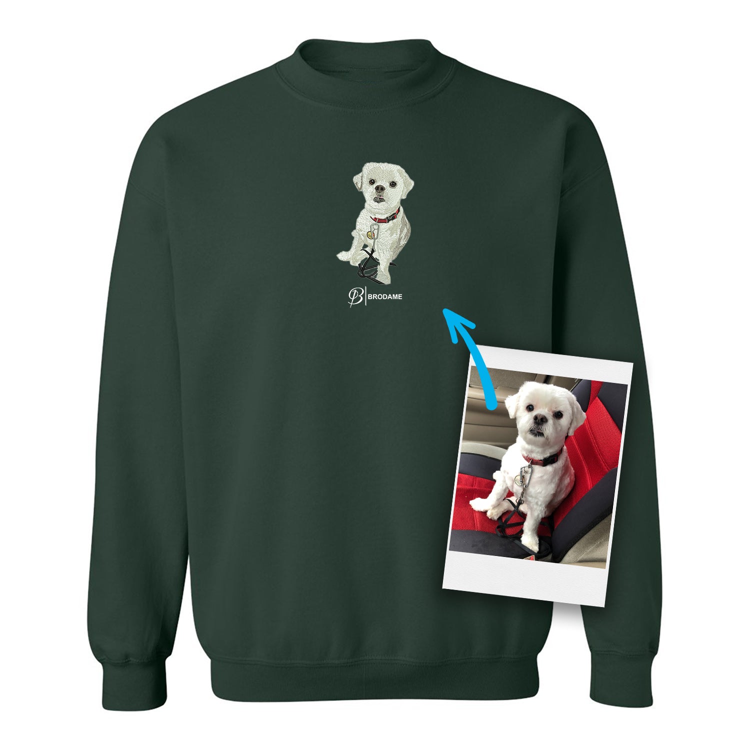 crewneck vert forêt avec un chien brodé de façon réaliste sur le devant au centre avec le logo Brodame en dessous