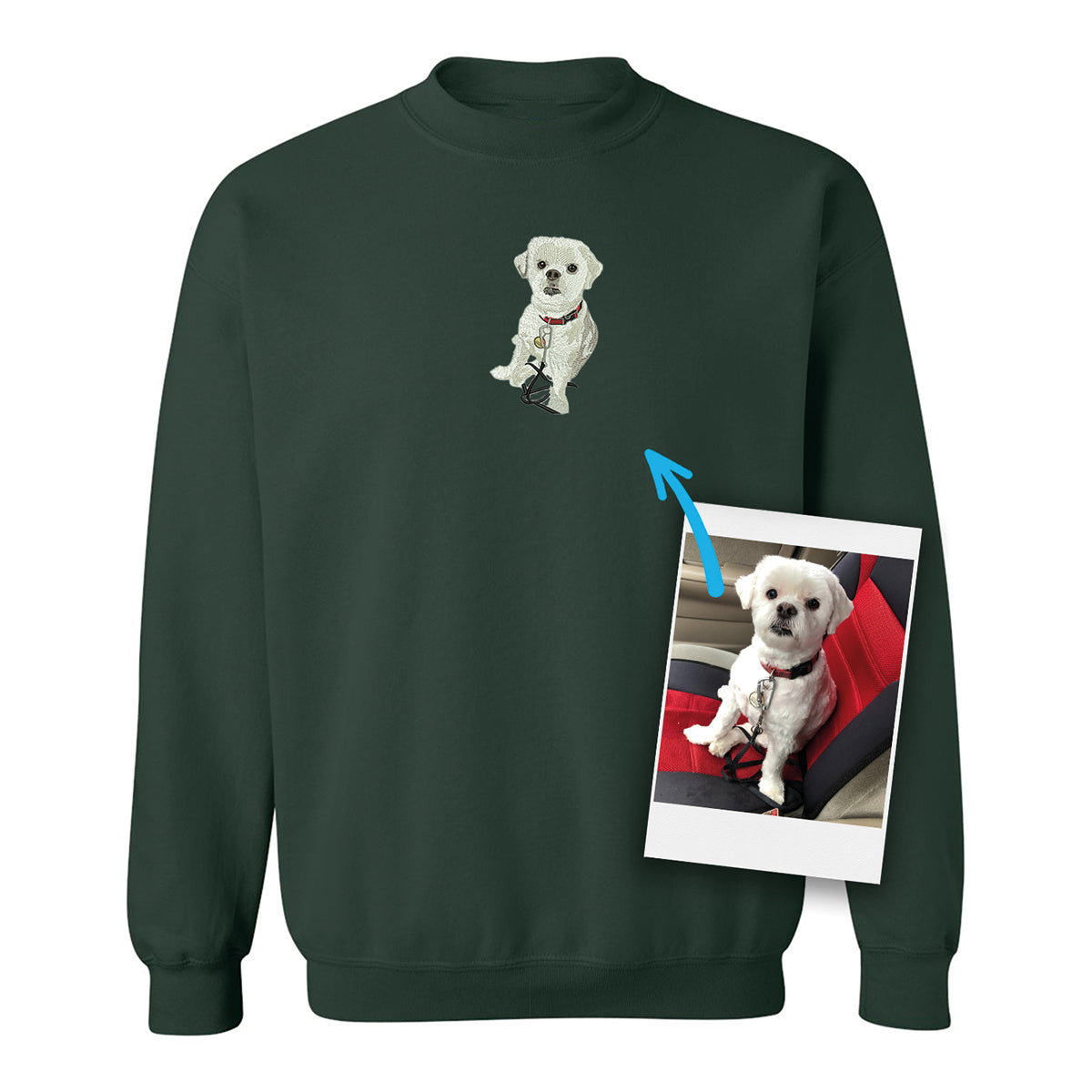 crewneck vert forêt avec un chien brodé de façon réaliste sur le devant au centre