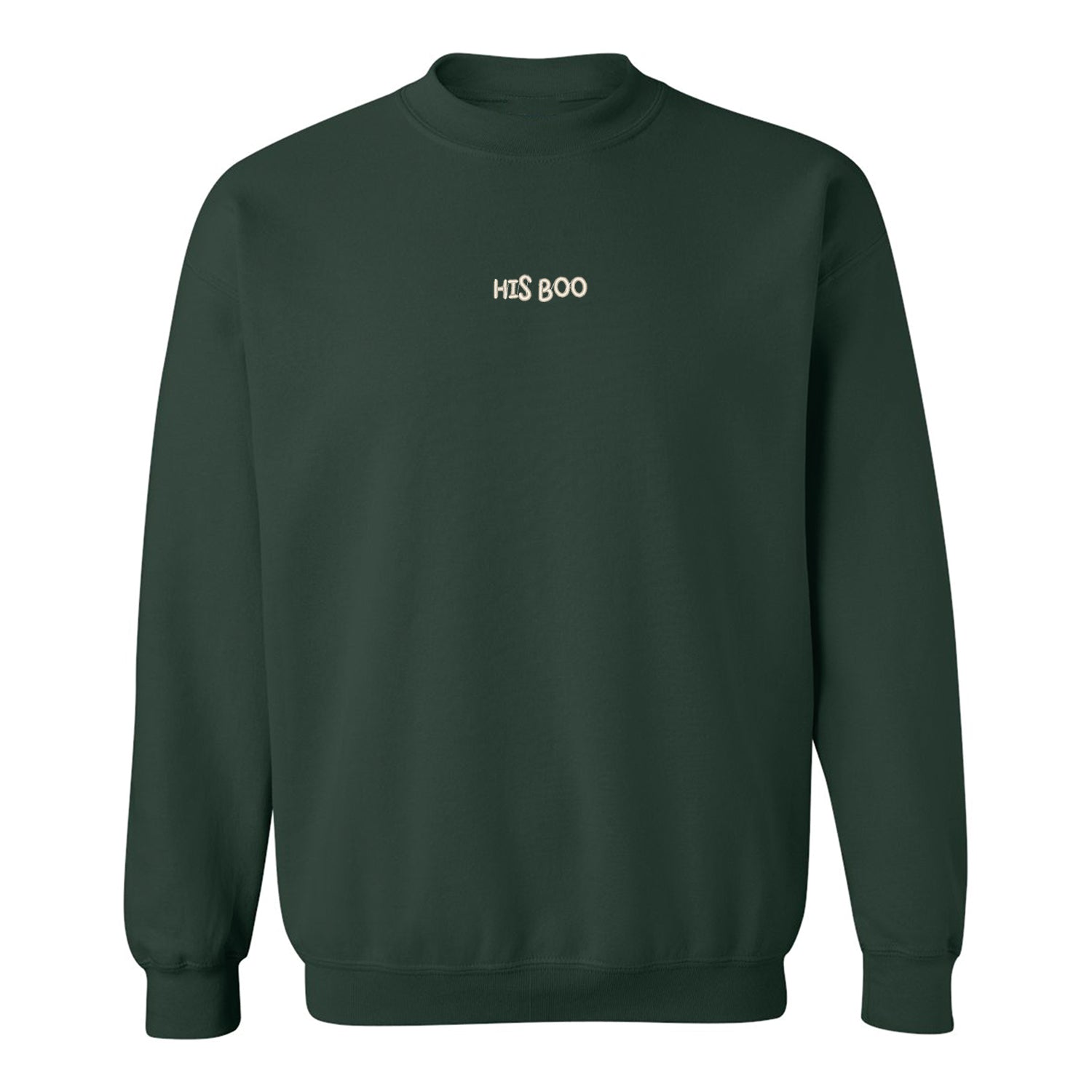 crewneck vert forêt avec broderie his boo au centre en blanc crème