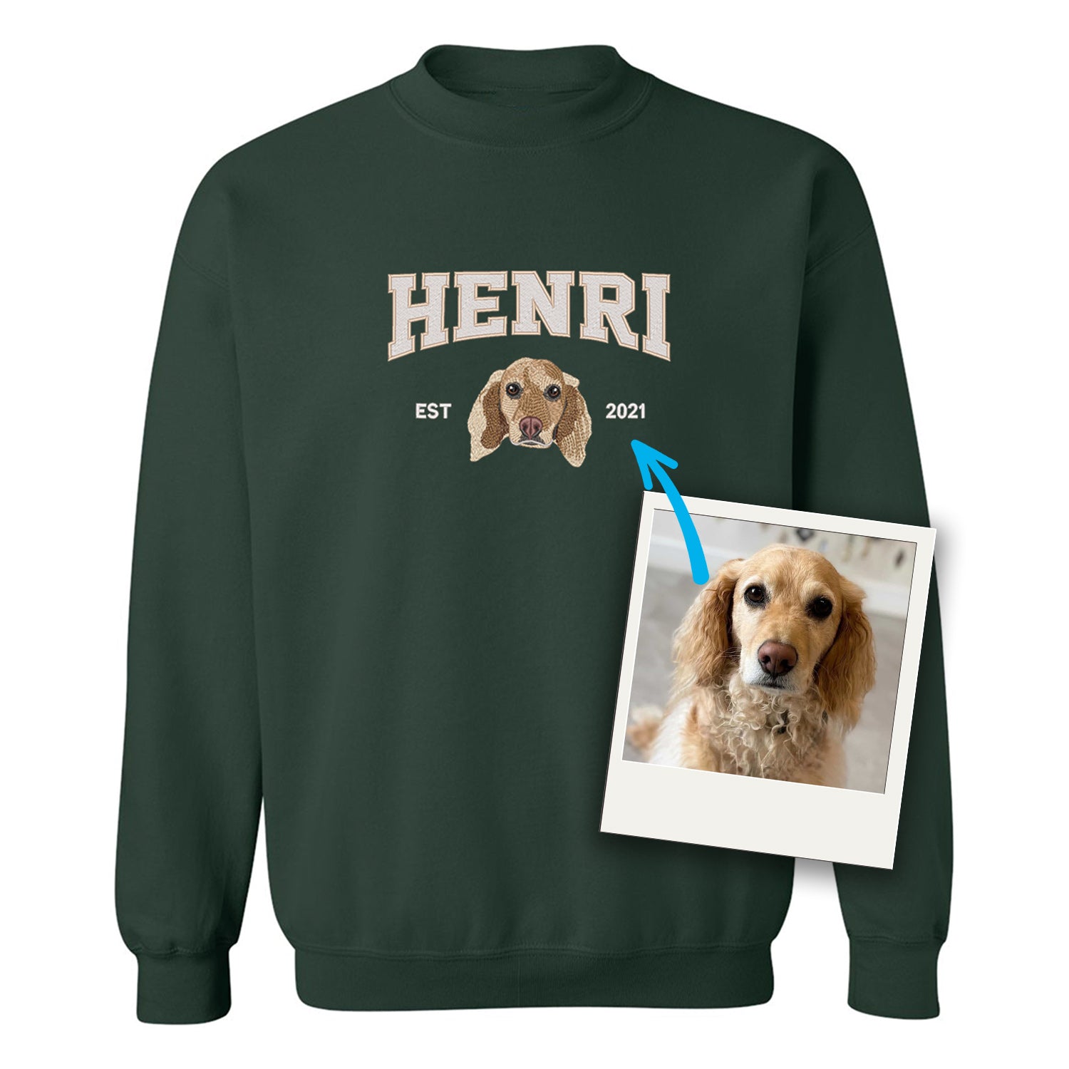 coton ouaté sans capuchon vert forêt avec broderie personnalisée d'un portrait de chien avec son nom et année de naissance