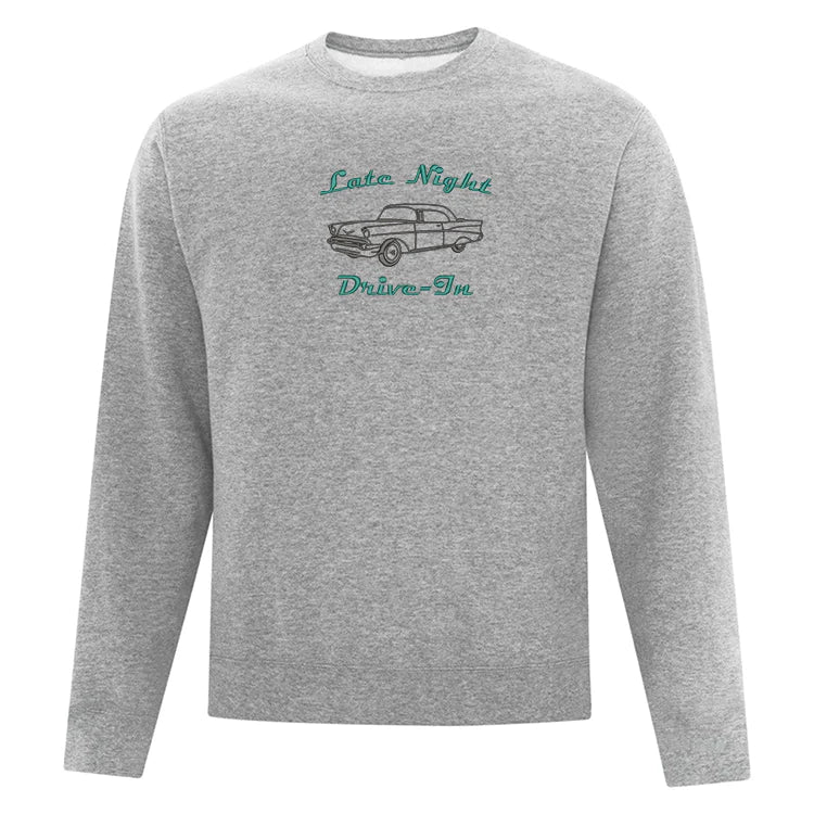 crewneck gris pâle late night drive in en noir et vert