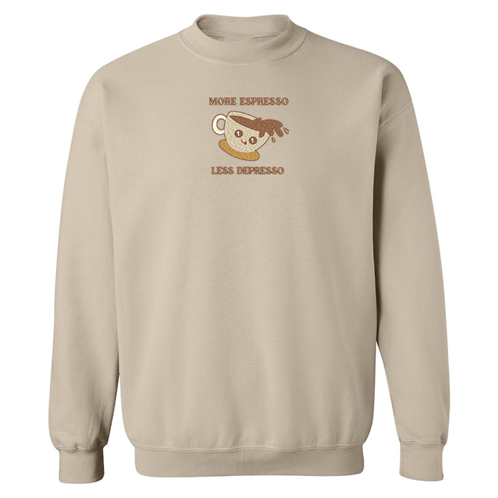 crewneck beige more espresso less depresso café tasse illustré quebec