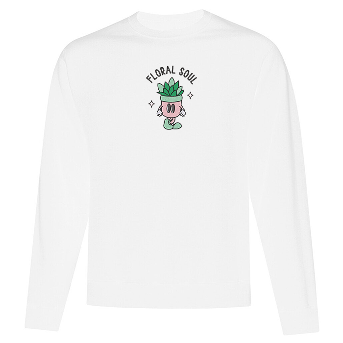crewneck blanc avec broderie plante animée et écriture floral soul