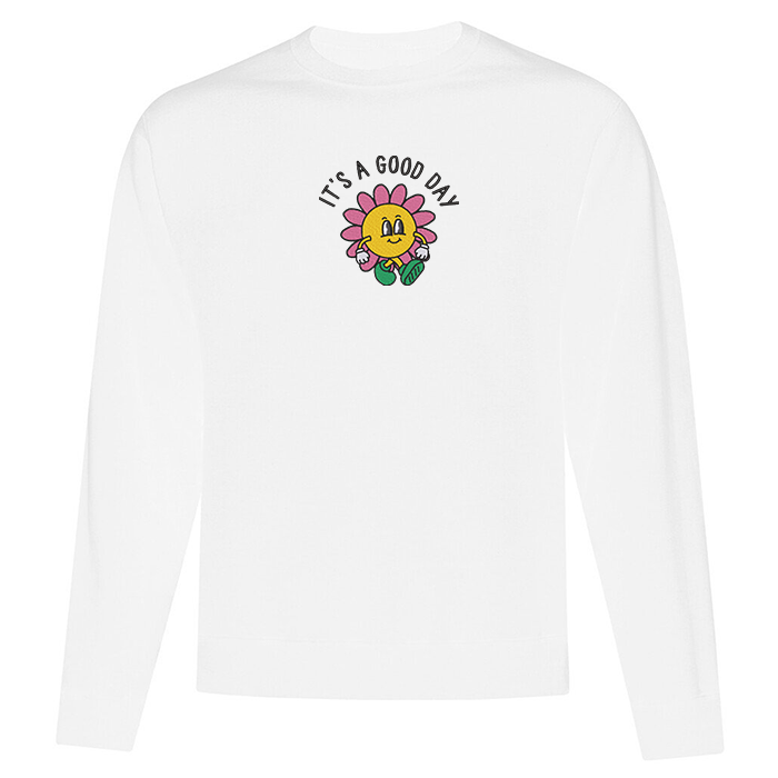 crewneck blanc it's a good day brodé avec une personnage animé de fleur illustré par créations oska
